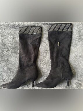 Black Suede Over-the-Knee Stiletto Boots with Embellished Cuff